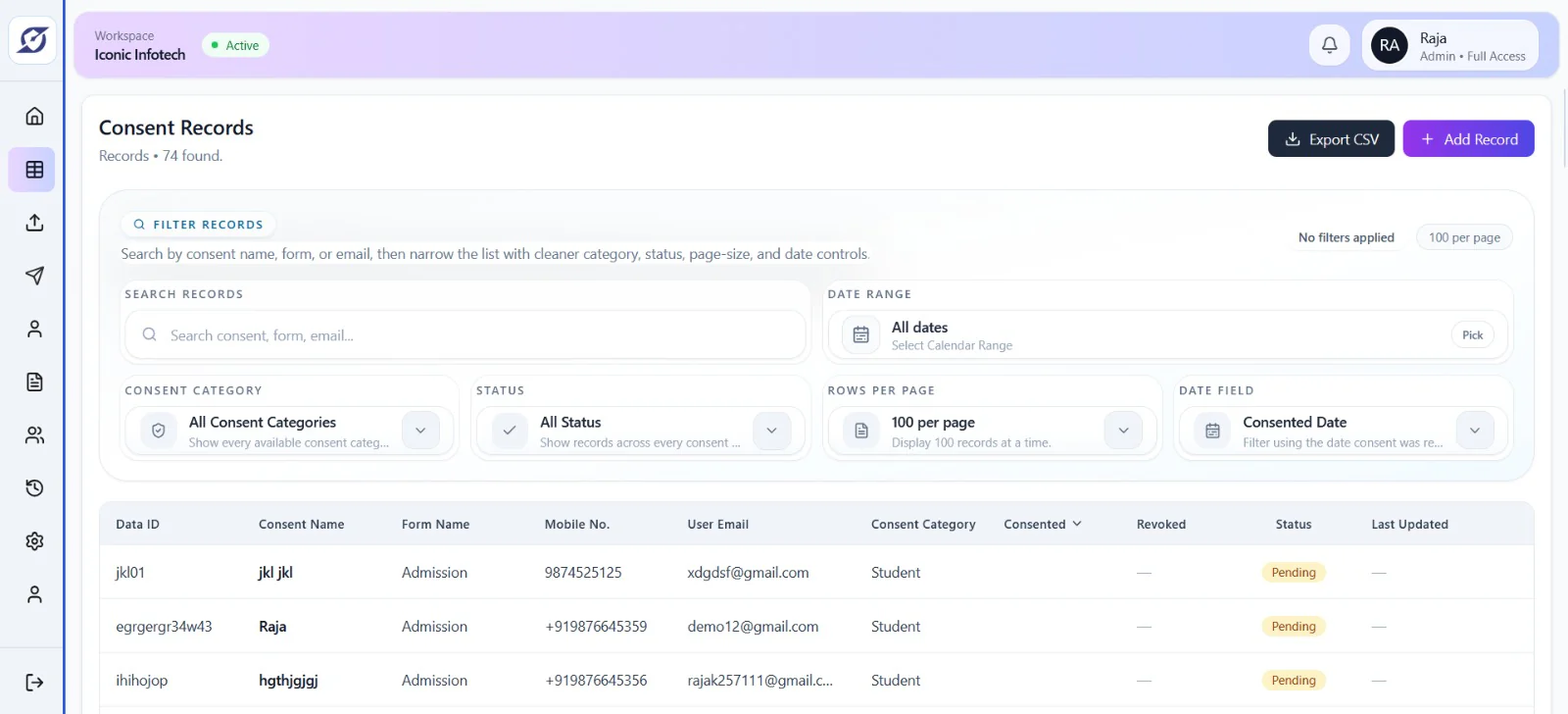 Consent records preview