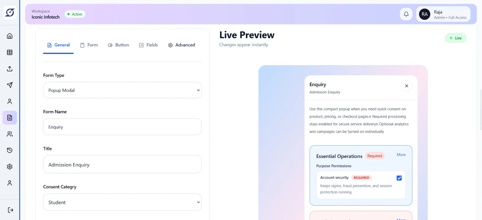 Consent form builder preview